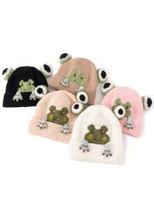 2pcs Kids Knitted Hat & Scarf Set, Warm Thermal Lined, Cute Frog Embroidery Pattern, Suitable For Autumn/Winter Daily Wear - Multicolor - View 5