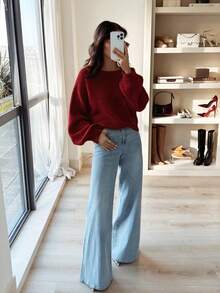 Suéter de punto casual de cuello redondo color borgoña para mujer