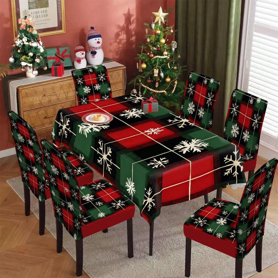 1/4/5/6/7/36 pièces Housse de chaise/Housse de siège à carreaux rouges, verts et noirs avec imprimé flocon de neige blanc, convient pour la maison, le restaurant, l'hôtel, un choix idéal pour la décoration quotidienne moderne. La nappe s'adapte à une table carrée, la housse de chaise élastique est lavable.