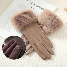 Winter Luxury Women's PU Leather Gloves Wrist Soft Faux Fur Trim Cuff Fashion Elegant Party Warm Touch Screen Drive Cycling - Brown - View 6