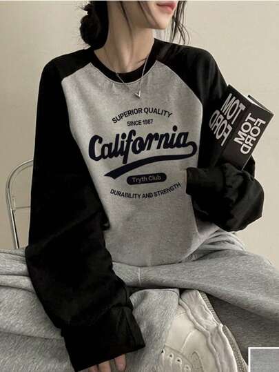 1pc Women's Casual Round Neck Letter Print Contrast Color Loose Fit Cotton Long Sleeve T-Shirt Top, Autumn