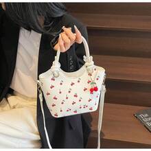 Cherry Print Tote Bag For Women, Fashionable Shoulder Sling Bag, Large Capacity Commuter Handbag With Free Cherry Keychain - White - View 11