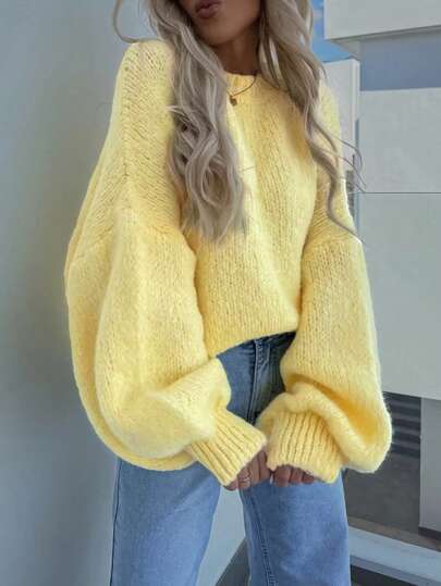 Damen Frühling und Herbst gestrickter Rundhals Langarm Pullover einfarbig, vielseitig Lässig Stil, Schulanfang Saison, Schule, Pendeln, tägliches Tragen, bequem, weich, cremig gelb, sanfter Stil, einfach zu kombinieren, einfacher Pullover Stil