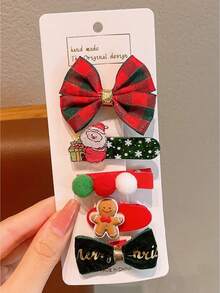 5pcs Kids Cute Cartoon Bowknot Side Clip Hair Accessories, Fashionable Hairpin For Christmas Party, Girls