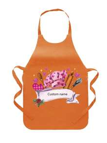 Personalized Custom Unisex Polyester Apron ,Customized Name Disposable Apron ,Custom Text Personalized Apron ,Custom Apron With Text ,Pink Chef Theme With Kitchen Utensils, Hearts & Stars Print, Durable Polyester Sleeveless Neck Strap