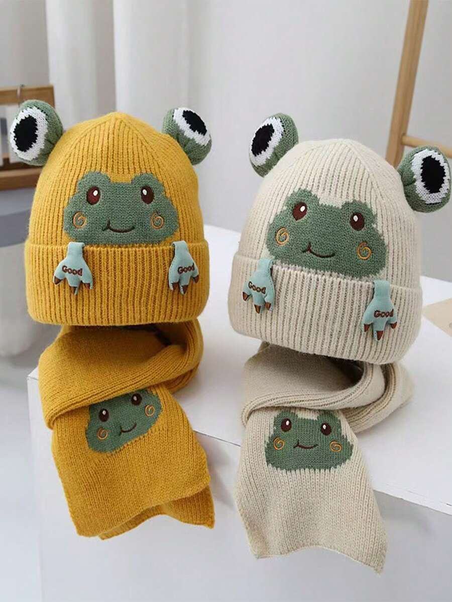 2pcs Kids Knitted Hat & Scarf Set, Warm Thermal Lined, Cute Frog Embroidery Pattern, Suitable For Autumn/Winter Daily Wear - Multicolor - View 1
