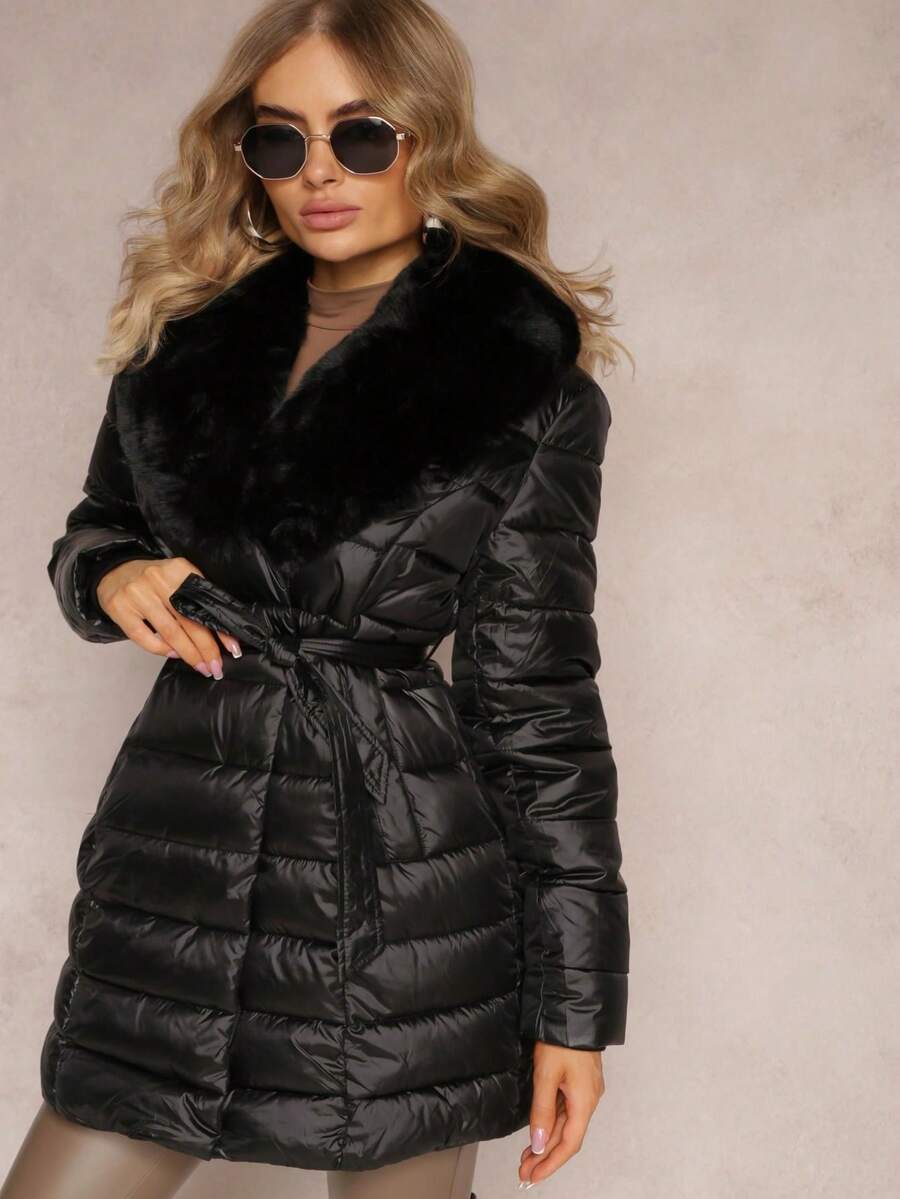 Quilted Jacket With Belt And Fur Collar - Black - View 1