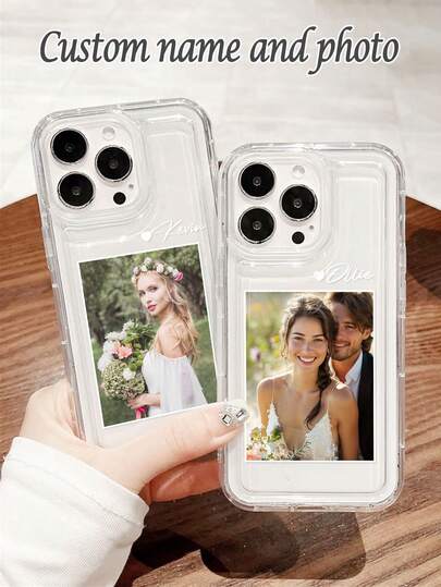 Customized Black TPU Photo Frame Style Phone Case, Suitable For Samsung A13/14/S24 Ultra, XR 13 15 Pro Max, Personalized Couple, Best Friend, Pet, Family Photo Protective Cover, Shockproof, Heart-Shaped Text