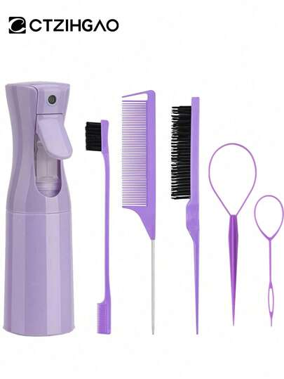 6件套浇水壶式编发器，美发造型梳套装，男女通用卷发梳，包含1个浇水壶+1个顺发梳+1个蓬松梳+1个尖尾梳+2个编发工具，适用于化妆、夏季Y2K风格造型、美发工具套装、学习用品和发饰。