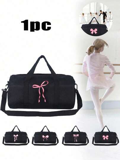 Solid Color Waterproof Sports Bag With Bow Print, Solid Color Cute Ballet Duffel Bag Gym Fitness Travel Luggage Waterproof Bag, Suitable For Ballet Tutu, Tap Dance, Weekend Overnight, Large Capacity Luggage Travel Duffel Bag.