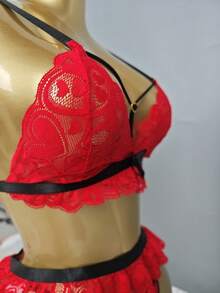 4件套蕾丝刺绣半透明性感内衣套装，性感内衣，性感睡衣，吊带睡裙 - 紅色 - 查看 5