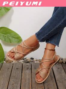 PEIYUMI Women's Fashion Sandals, Elegant Bow And Criss-Cross Strap Design, Comfortable And Versatile, Suitable For Various Occasions, Multiple Color Options - Apricot - View 7