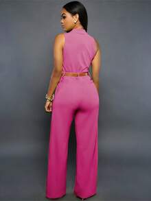 Elegante Monos De Pierna Ancha Con Cinturón,Mono Sin Mangas De Color Sólido Con Botones - Rosa Fucsia - Ver 2