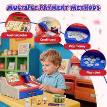 Wee Wonders Wooden Cash Register For Kids With Scanner, Rechargeable Grocery Store Pretend Play With Play Money/Food/Credit Card/Menu, Cash Register Toy Gift For Girls Boys Ages 4-8,Blue - Blue - View 8