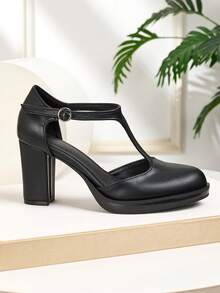 女士厚底圆头防水厚底皮革金属扣后系带休闲鞋 - 黑色 - 查看 7