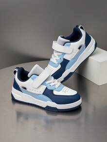 1 Pair Kids Mid-Top Sneakers, PU Leather, Indoor/Outdoor Casual Running Shoes, Easy Slip-On, Non-Slip, Breathable, Comfortable, Fashion, Retro Style, Color Blocking - Blue - View 5