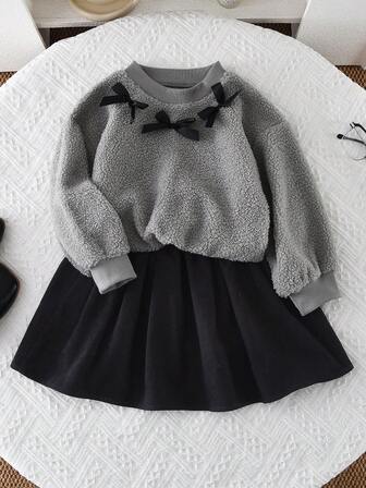 2-pack set med rosettdekor i fleecetröja, topp och kjol för flickor, vår/höst