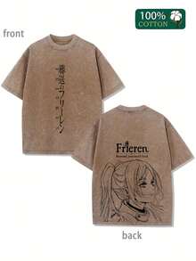 Frieren Shirt - Beyond Journey's End Anime DoublePrinted Vintage Washed Tee Unisex OversizeHeavyweight Cotton T-Shirt For Anime Fans AndLovers - Màu Khaki - Xem 1