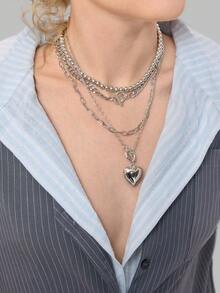 DareSee 4件套时尚银色合金多层心形吊坠项链套装，女士奢华配饰，适合夏季派对、情人节、送给妈妈、母亲节、音乐节、Y2K 节、返校季、秋季、圣诞节、冬季等场合。 - 銀色A - 查看 2