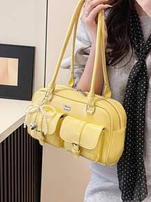 COEVA 1 Pc Vintage Solid Color PU Leather Shoulder Bag For Women, Large Capacity Multi-Pocket Crossbody Bag With Detachable Accessory Charms, Retro Stylish Purse For Daily Commute And Casual Outings - 黃色 - 查看 1