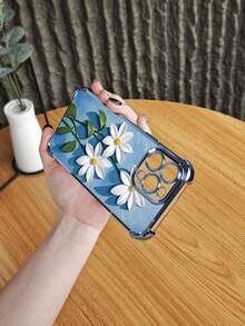 Daisy Flower Pattern Shockproof Phone Case With Blue Background Cute Aesthetic Protective Cover Fashion Design Non Slip Drop Resistant Slim Fit Lightweight Compatible With IPhone 16Promax 16 15 14 13 12 11 X XS XSMAX Plus Pro S25Ultra S25 S24 S23 S22  Plus FE Case - Blue - View 1