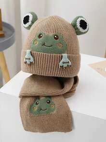 2pcs Kids Knitted Hat & Scarf Set, Warm Thermal Lined, Cute Frog Embroidery Pattern, Suitable For Autumn/Winter Daily Wear - Multicolor - View 9