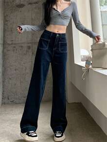 Navy Blue Versatile Straight Leg Jeans With Pockets, Ankle Length Pants For Women