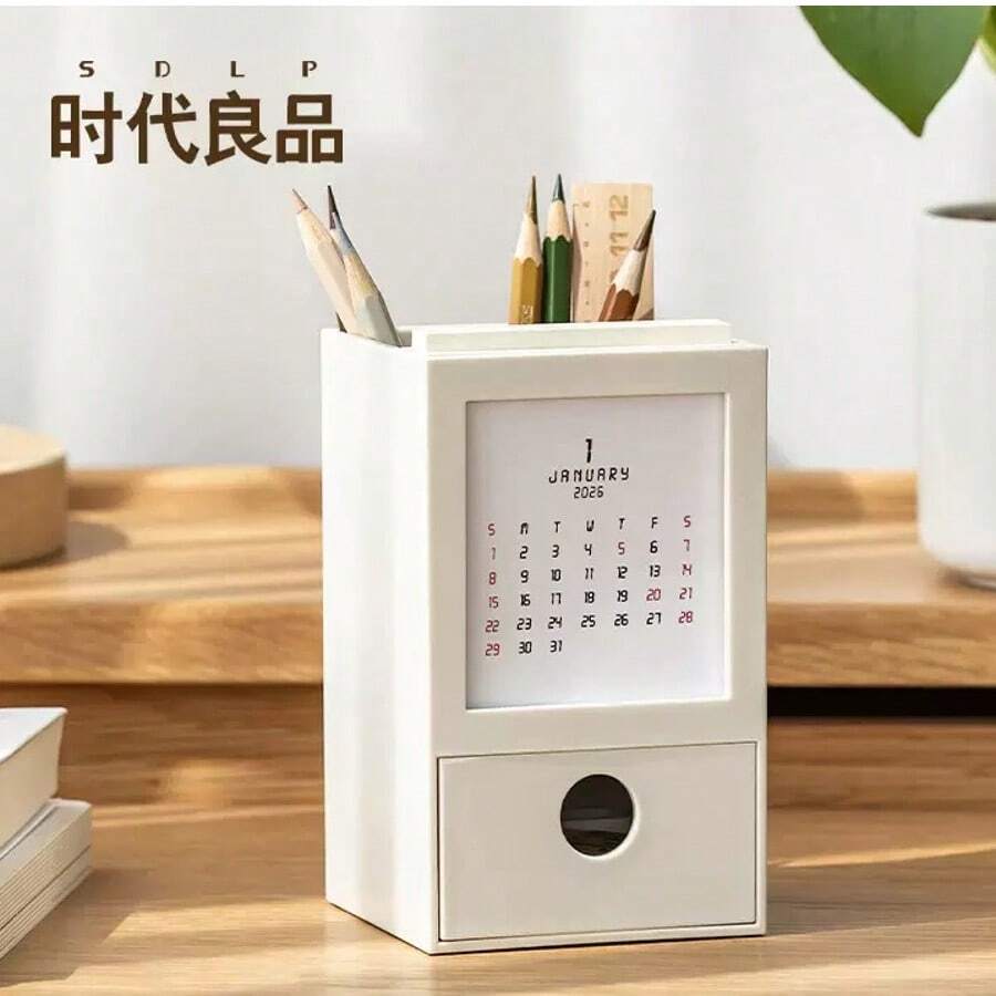 Calendario 2026 + Soporte para bolígrafos - Organizador de escritorio minimalista y creativo para estudiantes, Organizador de papelería multifuncional, Taza para bolígrafos, Soporte de calendario de escritorio, Accesorio de escritorio ordenado, Adecuado para estudiantes y trabajadores de oficina, Color simple y limpio, Uso en múltiples escenarios