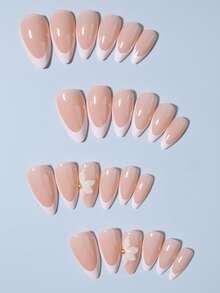 24片长杏仁形3D凝胶美甲片，打造花朵美甲设计，法式贴片，珍珠装饰，完美贴合亚克力假指甲套装，包含：1片果冻胶和1个指甲锉，法式杏仁形美甲，适合女性日常工作、节日派对等场合使用。 - 查看 4