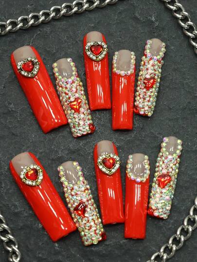 CrystalHola Christmas Nails 10 Pieces Of Handmade False Nails, Press-On False Nails, Extra-Long Ballet-Shaped Nail Art Set, Red French Various Three-Dimensional Rhinestones, Full Coverage , A Must-Have For Parties And Gatherings, The First Choice For Girls And Women, Halloween Nails
