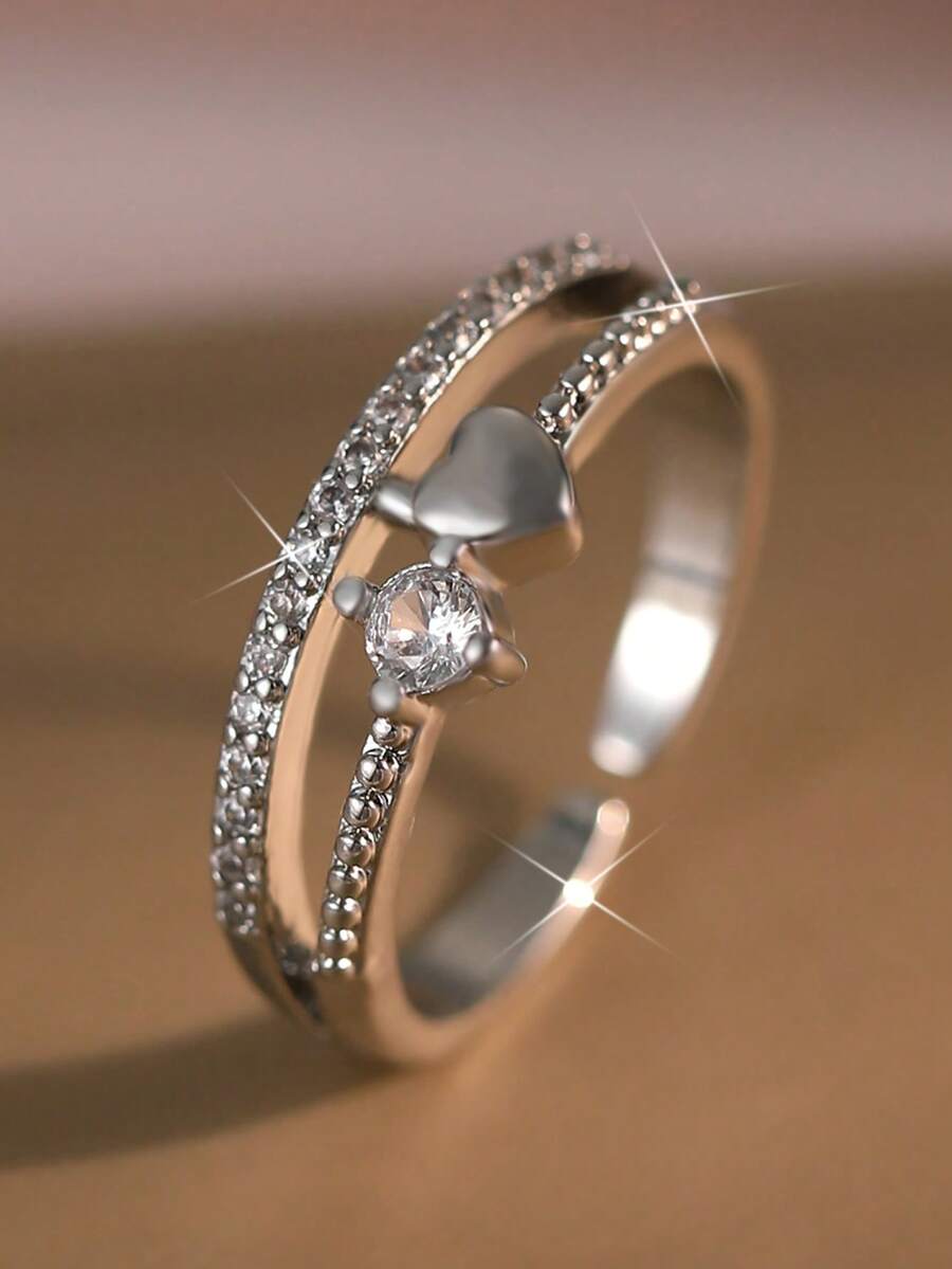 1 pieza Anillo de mujer minimalista con diseño geométrico de corazón y círculo, decoración diaria, regalo de citas para chicas, anillo de cobre con circonita cúbica