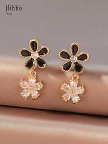 1 Pair Elegant Black Flower Stud Earrings, Featuring Sparkling Zirconia Stones And Glazed Design, Minimalist Versatile Black Earrings For Holiday Party, Women Jewelry Gift