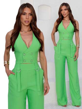 Conjunto Feminino Alfaiataria Colete Botão ForradoCalça Pantalona Elegante Classico