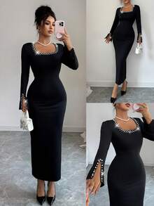 Women's Autumn/Winter New Stylish Pearl Detail Square Neck Long Sleeve Midi Dress, Knitted Fabric Fitted Slimming