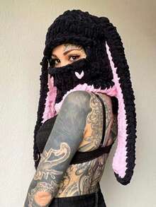 1pc Women's Multi-Color Oversized Rabbit Ear Hat, Warm Thick Knitted Beanie, Adorable & Versatile, Suitable For Daily, Casual, Party Occasionsski Mask Valentine's Day - 口罩款 - 查看 2