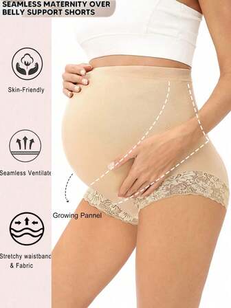 1pc Maternity High Waist Lace Trim Comfort Belly Support Briefs, Apricot