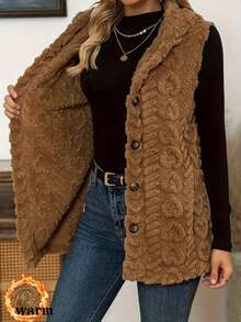Women's Solid Color Hooded Knit Vest, Sleeveless Button Front Cardigan, Regular Length, With Fuzzy Details - Brown - View 5