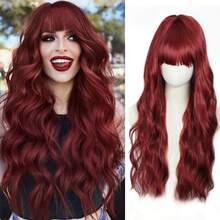 Peluca sintética con flequillo, fibra resistente al calor, mujer, color marrón oscuro con reflejos dorados, onda de agua, postizo para uso diario, fiestas y Halloween