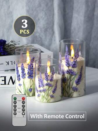 3pcs Remote Control Flameless Candles, Battery Operated Candles With Timer Remote, Lavender Print LED Flameless Candle Lights, Romantic Atmosphere Decoration Lights, Smokeless Flameless Electronic LED Candles, Suitable For Christmas, Halloween, Home, Wedding, Birthday, Valentine''s Day, Company Party