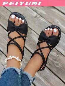 PEIYUMI Women's Fashion Sandals, Elegant Bow And Criss-Cross Strap Design, Comfortable And Versatile, Suitable For Various Occasions, Multiple Color Options - Black - View 4