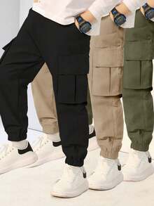 3 件套男童休闲百搭校园风格舒适运动工装裤，春秋季 - 黑色 - 查看 6