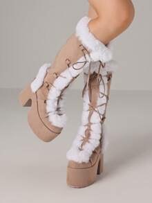 Fall Boots For Women Knee High Boots Side Zipper Warm Fur Platform Chunky Heel Platform Heel Punk&Y2K Style Christmas Shoes Snow Boots Winter Outfit For Women - 杏色 - 查看 4