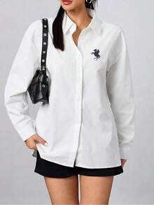 休闲百搭通勤前扣刺绣衬衫 - 白色 - 查看 3