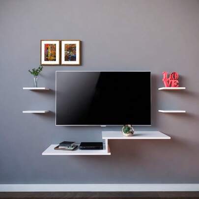 Rack Suspenso MDF Branco 110cm com 4 Prateleiras – Para TV Sala e Quarto