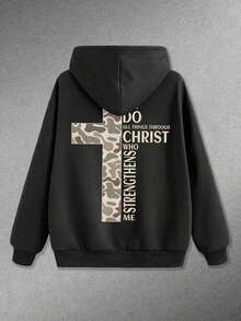 Ropa De Invierno Mujer 310g Men's   Pocket Hoodie, Front Camouflage Cross Small Logo, Back Scripture Camouflage Cross, Religious Outdoor Style, Autumn And Winter Casual Top. Sweatshirts For Men - 黑色 - 查看 3