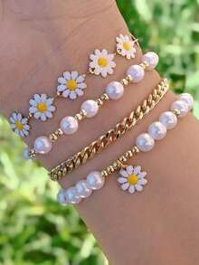 4-Piece Set New Design Gold Beaded Pearl Bracelet Set, Creative Bohemian Daisy Beach Bracelet For Women - 彩色 - 查看 1