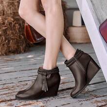 Womens Wedge Ankle Boots Braided Fringe Strap Western Heeled Fall Booties Dress Shoes - 1-xám - Xem 5