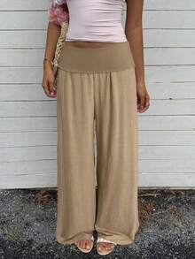 Women Cotton Linen Summer Palazzo Pants Wide Leg Lounge Pants Loose Straight Leg Solid Color Fold Over Low Rise Pants Casual Boho Beach Vacation Trousers Streetwear - 卡其色 - 查看 3