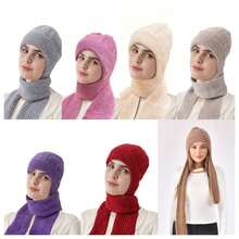 1pc Solid Color Knitted Hat And Scarf Set, Thermal Lined For Autumn/Winter, Thicker And Warmer
