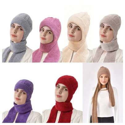 طقم قبعة وشال محبوك بلون واحد، مبطن حراريًا للخريف/الشتاء، أكثر سمكًا ودفئًا قطعة واحدة